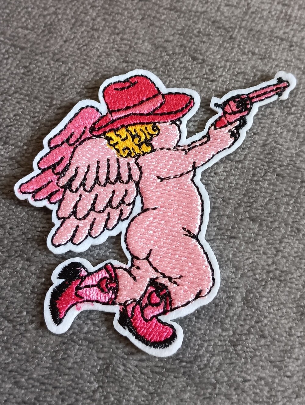 Pink Packin' Cherub Cowgirl Embroidered Iron On Patch, Western Angel In Boots
